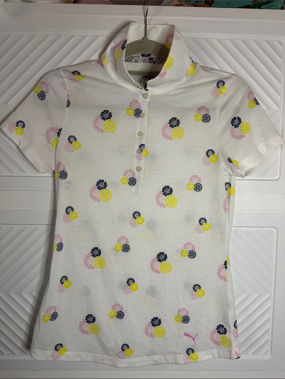 Puma White Polo Shirt with Pink, Yellow & Navy Floral Print